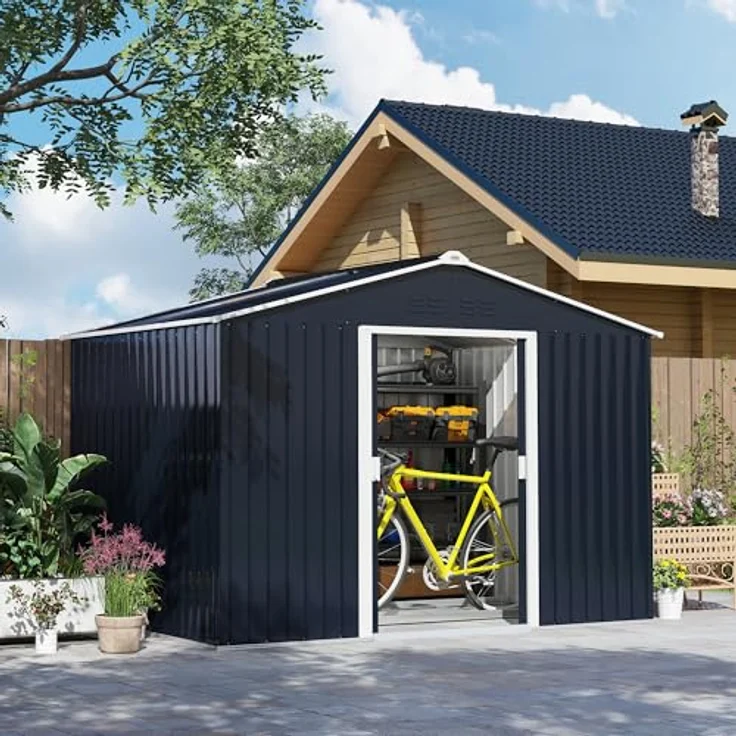 Outsunny Verzinkter Stahl Gerätehaus 4,9m² 277x195x192cm Geräteschuppen mit Satteldach, Fundament, Schiebetür, wetterfest Dunkelgrau – Bild 2