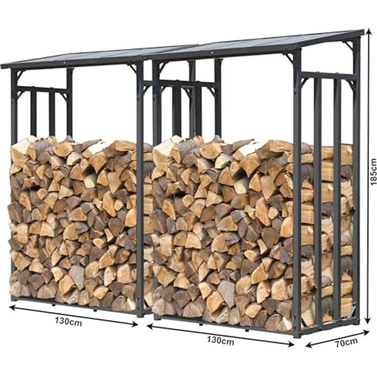 QUICK STAR Kaminholzregal Set, 2 Stück Metall, 130 x 70 x 185 cm, wetterfest mit Wetterschutz Schwarz, 3,2 m³ Kapazität, Anthrazit – Bild 2