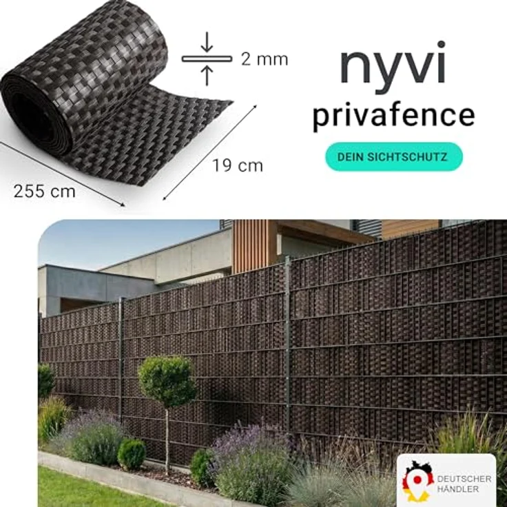 NYVI Polyrattan Sichtschutzstreifen Privafence Dunkelbraun, 255 x 19 cm, 10 Rollen (25,5 Meter), blickdicht und wetterfest für Doppelstabmattenzaun – Bild 2