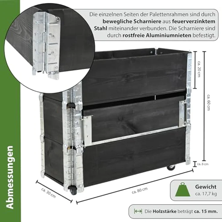 TRUTZHOLM Hochbeet aus Holz Kräuterbeet mobiler Einsatz Feststellbremsen 80x30x68 cm für Garten und Balkon, mit Stauraum Fach, teilbar, flexibel, Rollbrett – Bild 3