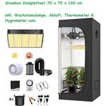 JUNG Gewächshaus Growbox Komplettset LED-Lampe 150W, Anbaufläche 70x70cm, Abluft Cannabis Set 160cm, Pflanzen Anzucht - Schwarz