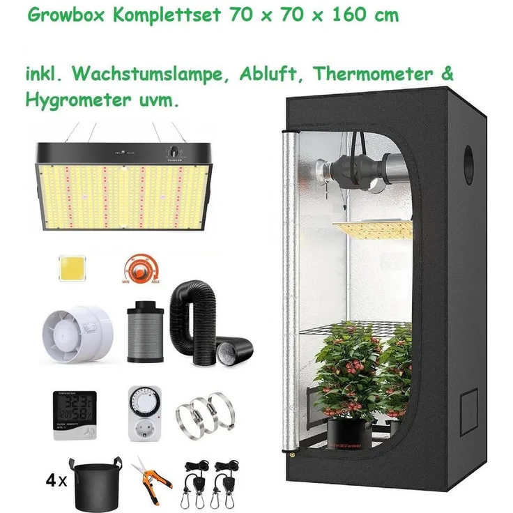 JUNG GrowPRO LED Grow Set, Growbox Komplettset Anzuchtset mit Zuchtzelt LED-Lampe, Anbau Pflanzen, BxTxH: 70 x 70 x 160,00 cm, Gewächshaus Komplett Set mit Abluft Cannabis Set Box Pflanze, Growzelt, Grow Box Zelt, Pflanzenlampe Pflanzen Anbau Zelt, Anzucht