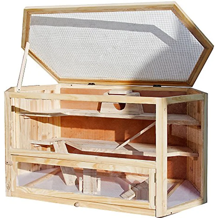 Wiltec XXL 3 Etagen Nagerkäfig, 6-eckig, aus Holz, mit klappbarem Deckel & Sichtfenster, Mäusekäfig Hamsterkäfig – Bild 2