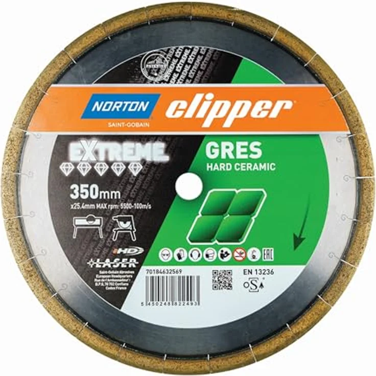 NORTON CLIPPER Diamantscheibe Extreme Gres, Ø 350 mm, Bohrung 25,4 mm, Segment (H/B) 15/2,2 mm, hohe Schnittqualität, extreme Standzeit, lasergeschweißt