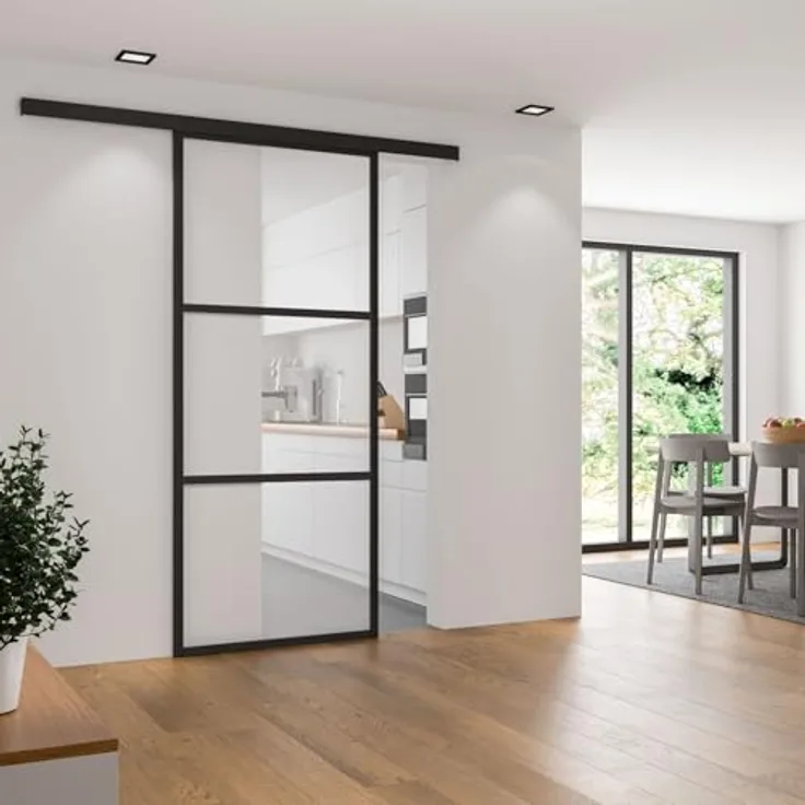 inova Glasschiebetür Komplettset 755x2035 mm, Loft Schiebetür aus schwarzem Sicherheitsglas mit Aluminium-Profil und 2-seitigem Softclose