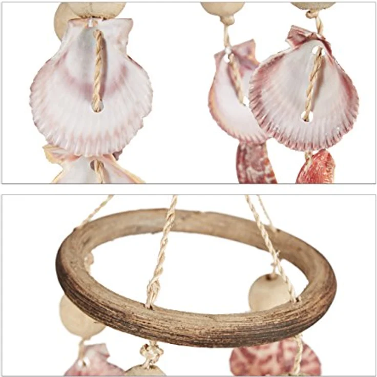 Relaxdays Windspiel mit Muscheln, maritimes Holz Klangspiel für Balkon, Garten, Strand-Deko, Capiz Mobile, 75 cm, Natur – Bild 5