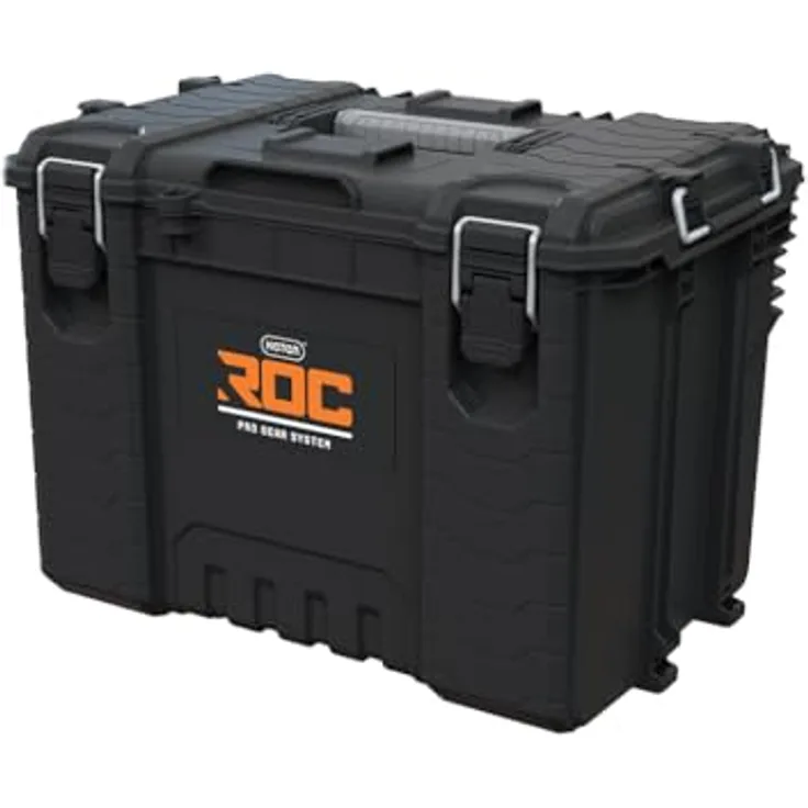 Keter XL-Werkzeugkasten ROC PRO GEAR 2.0, robuster Werkzeugkoffer aus Technopolymer mit klappbarem Deckel und integriertem Fach für kleinere Werkzeuge