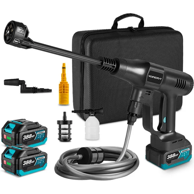 Yofidra Akku-Hochdruckreiniger YF-70B, 70 Bar, 246 l/h, kabellos mit 6-in-1 Düse, 2x 3000mAh Akku, für Auto, Terrasse und Rasen