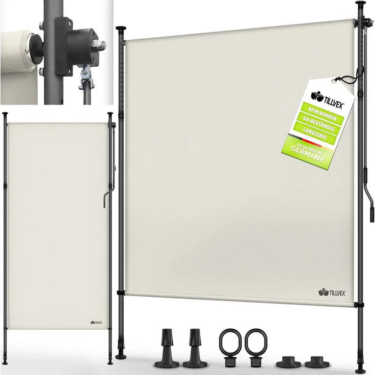 tillvex Klemmmarkise Senkrechtmarkise mit Handkurbel für Balkon ohne Bohren (Ausziehbar & Blickdicht, Wetterfest)