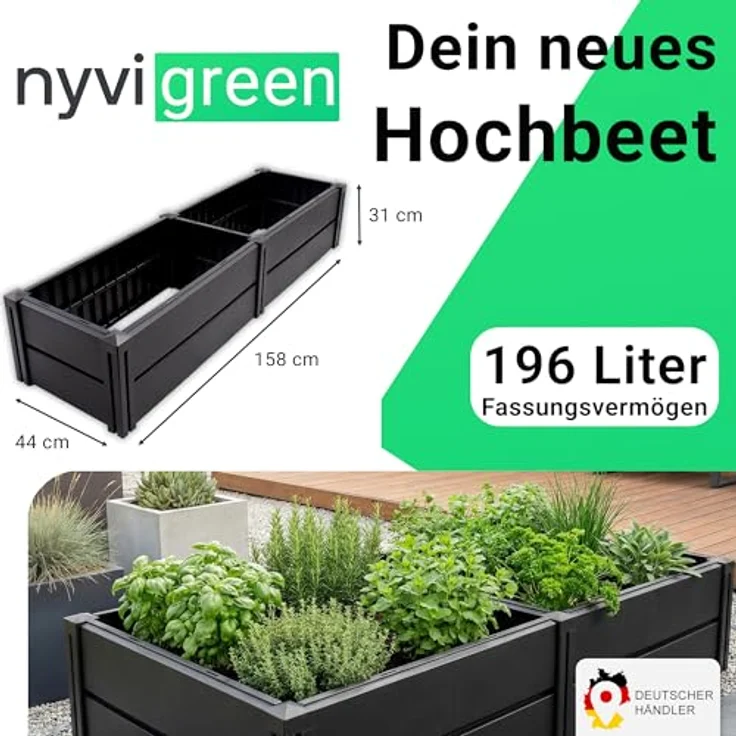 NYVI Hochbeet NYVIGreen 158x44x31cm, Blumenbeet aus wetterfestem Kunststoff, Steckmontage ohne Werkzeug, anthrazit, erweiterbar, langlebig – Bild 2