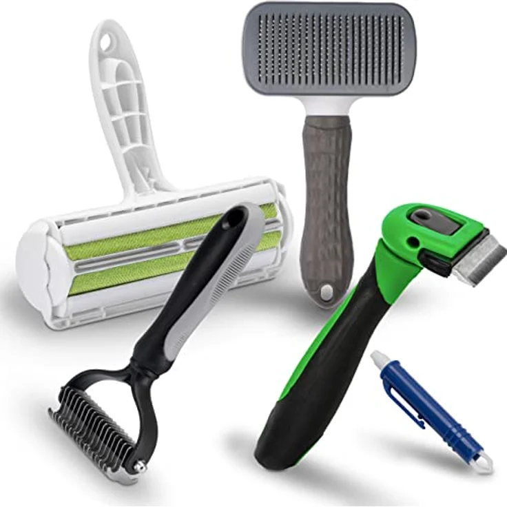 FinoPet 5er Set mit verschiedenen Hundebürsten/Katzenbürsten, XL Fusselrolle und Zeckenzange im Aktionsset, Langhaar Kurzhaar Unterwolle Bürsten Tierhaarentferner, Automatische Zeckenentfernung – Bild 1