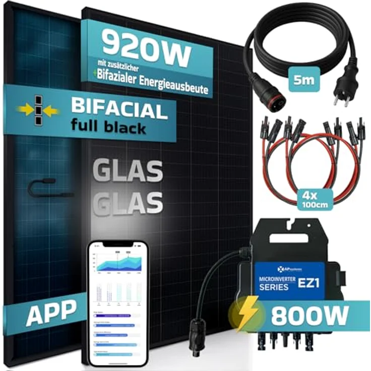 SUNNIVA® 920W Balkonkraftwerk BIFAZIAL FULLBLACK, Komplettset mit 2x460W Glas-Glas Bifacial Modulen und 800W AP Systems EZ1-M Wechselrichter, genehmigungsfrei, steckerfertig – Bild 2