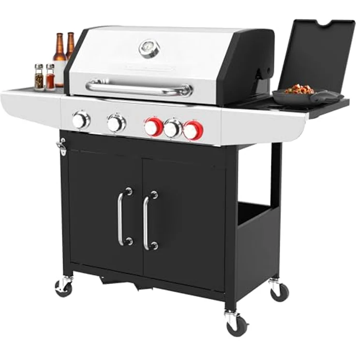 ProfiCook PC GG 1312, Gasgrill mit 4 Brennern, 2 Power-Zonen, Side-Burner, hochwertigen gusseisernen Grillrosten, Temperaturanzeige und Flaschenöffner – Bild 1