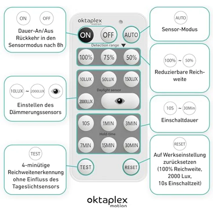 Oktaplex motion 360 Grad Bewegungsmelder, Außenbewegungsmelder mit Dämmerungssensor, 9 m Reichweite, IP65, mit Fernbedienung, schwenkbar, weiß (2er Set) – Bild 4