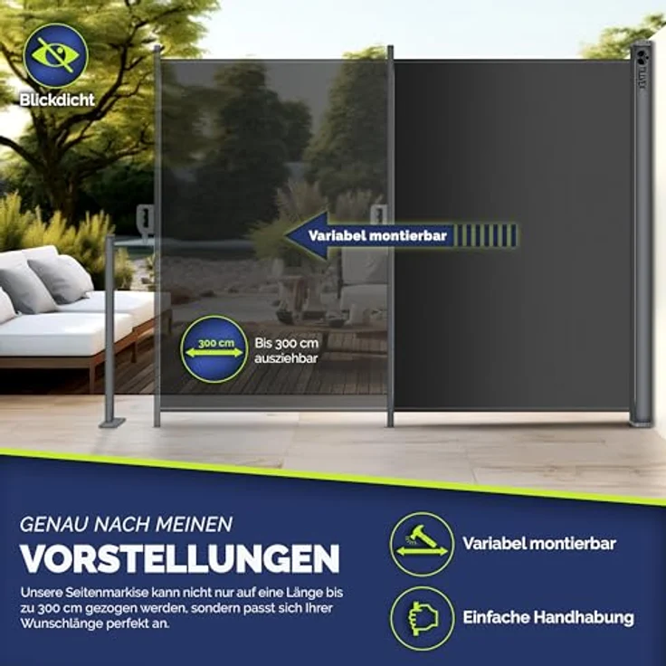 tillvex® Seitenmarkise 160 x 300 cm ausziehbar & Blickdicht | Sichtschutz für Balkon, Garten & Terrasse | Seitenrollo mit Wandhalterung | Sonnenschutz aus rostfreiem Stahl | Markise Windschutz – Bild 2