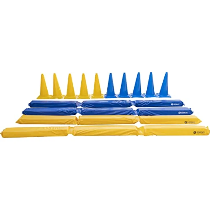Dönges Pferdegasse Set mit 10 XXL Pylonen Blau Gelb + 4 gefüllte Balken inkl. Tragetasche - Richtläufer und Leitkegel Übungsstange Trabstange Pferdeausbildung Bodenarbeit Softstange – Bild 5