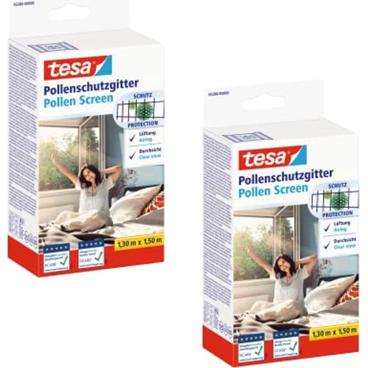tesa Pollenschutzgitter im 2er Pack- zuschneidbarer, transparenter Pollenschutz für Allergiker - für nach innen öffnende Fenster - inkl. selbstklebendem Klettband - Anthrazit - 2x 130 cm x 150 cm – Bild 1