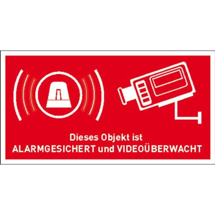 Video Infozeichen - Betriebskennzeichnung Objekt alarmgesichert und videoüberwacht, zur Innenverklebung auf Glas, bei Alarmanlagen in Verbindung mit Videoüberwachung Größe (BxH): 8,5 x 4,5 cm Weich-PVC-Folie, selbstklebend, bedruckt