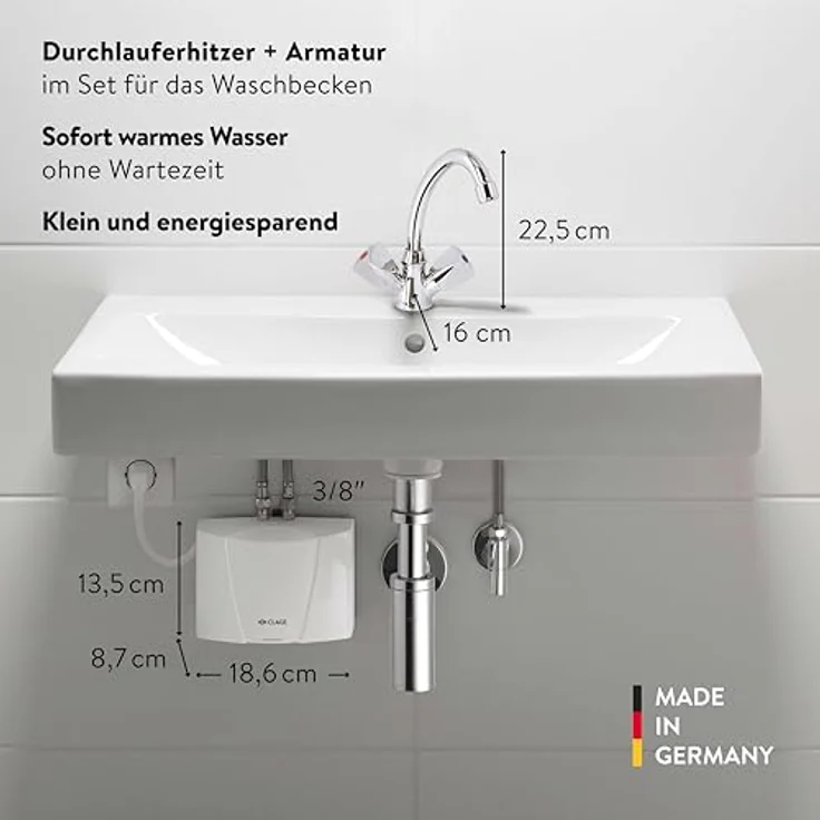 CLAGE M3/SNM hydraulischer Klein-Durchlauferhitzer Set mit Zweigriff-Waschtischarmatur, 3,5 kW, VDE-GS geprüft, für drucklose Armaturen – Bild 2
