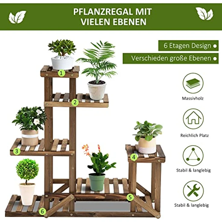 Outsunny Blumenständer Pflanzenregal 6 Ebenen, vierstufige Blumentreppe aus massivem verkohltem Holz, platzsparendes Design für Innen- und Außenbereich, 98 x 28 x 96,5 cm – Bild 3