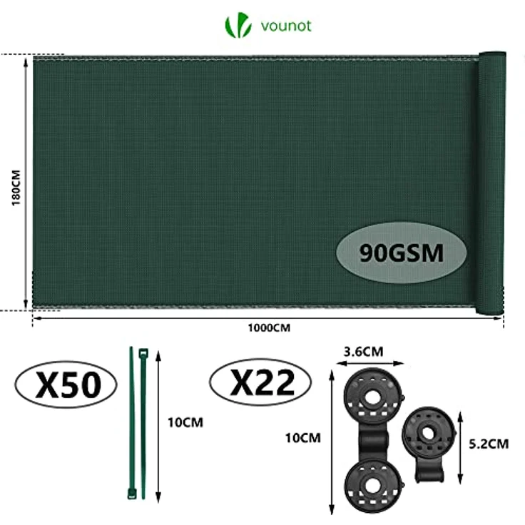VOUNOT® Zaunblende 1.8×10m, Sichtschutz Zaun HDPE Schattiernetz, UV-resistent, reißfest, 75% Beschattungsgrad, inkl. Spezialclips und Kabelbinder, Grün – Bild 2