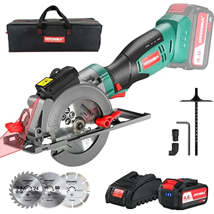 Handkreissäge 18V, HYCHIKA Kreissäge mit 4,0Ah Akku 3500U mit 3 Sägeblättern (115 & 125mm), Laserführung & führungsschiene, Max Schnitttiefe 48mm(90°)/32mm(45°), Mini Kreissäge für Holz, Weichmetall