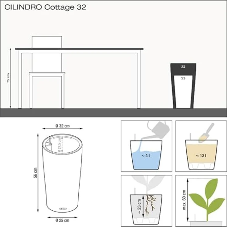 Lechuza® Cilindro COTTAGE 32, Pflanzkübel Komplettset mit Erdbewässerungssystem, granit, 32 cm Durchmesser, 56 cm Höhe – Bild 4