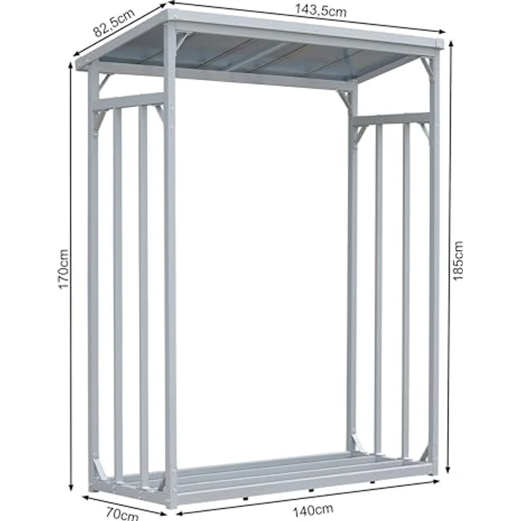 QUICK STAR Aluminium Kaminholzregal XL, 143 x 70 x 185 cm, wetterfest, grau, mit Wetterschutz und 1,8 m³ Kapazität – Bild 3
