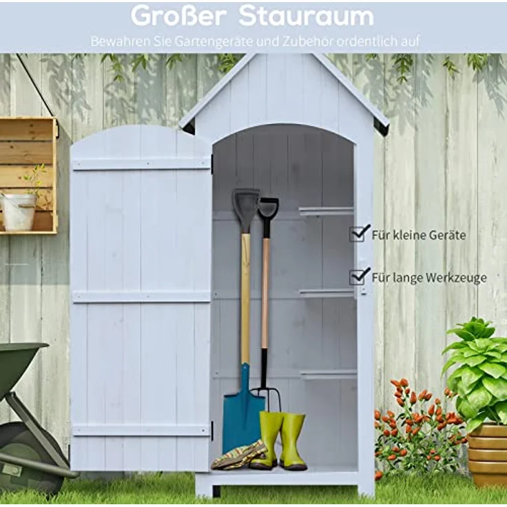 Outsunny Gartenschrank Holz Gerätehaus Gartenhaus Geräteschuppen Geräteschrank Holzhütte Giebeldach Bitumenpappe Weiß 77,5 x 54,2 x 179,5 cm – Bild 5