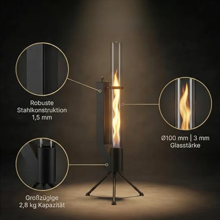Albatros International Gartenkamin Pelletfackel Schwarz mit Glasrohr, Rocket Stove Outdoor, inkl. Standfuß, lange Brenndauer bis 120 Minuten – Bild 5