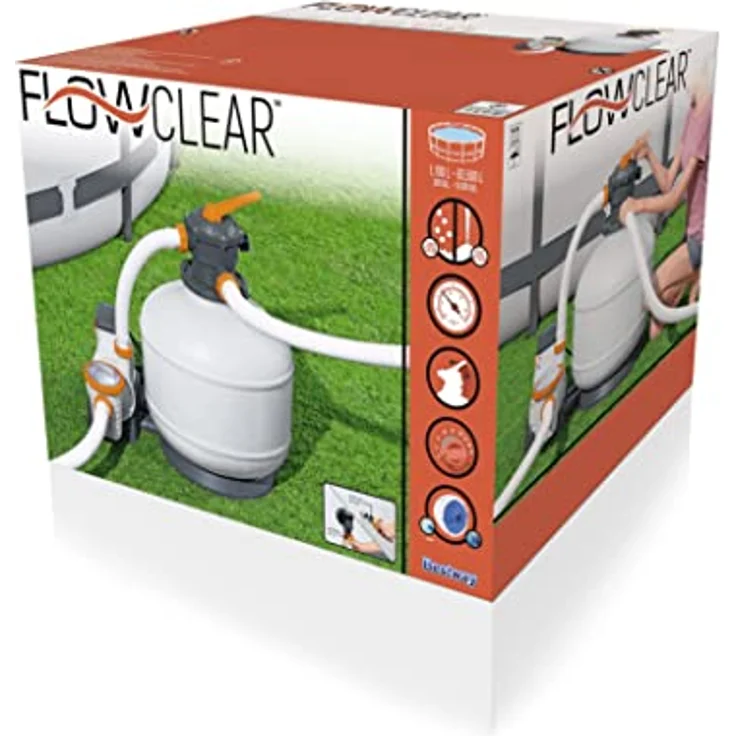 Bestway Flowclear Sandfilteranlage, 11.355 l/h Umwälzleistung, geeignet für Pools bis 64.000 l, rostfreier Tank, integrierte Zeitschaltuhr – Bild 3