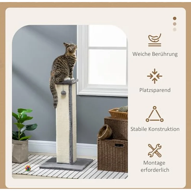 PawHut Kratzstamm, 81cm Kratzsäule, Sisal-Katzenkratzbaum mit Spielball, Kratzbaum für Katzen, Kratzmöbel für Katzen bis 5 kg, Indoor, Grau, Creme – Bild 3