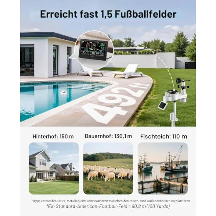 VEVOR 7-in-1 WLAN-Wetterstation mit APP, 7,5-Zoll-Display, solarbetriebener Außensensor, Poolthermometer und Regenmesser für Wettervorhersage und Windgeschwindigkeit – Bild 5