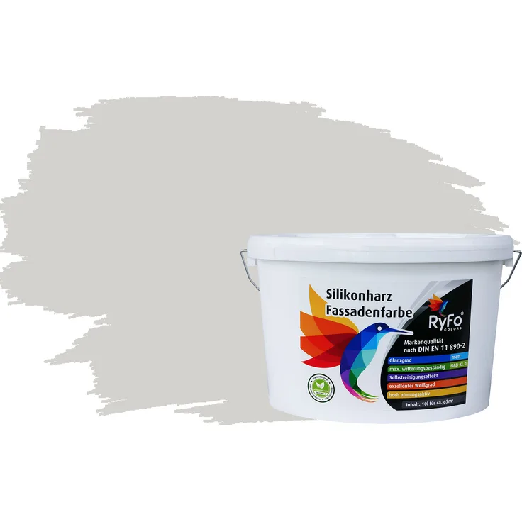 RyFo Colors Silikonharz Fassadenfarbe Lotuseffekt Trend Seidengrau 10l - bunte Fassadenfarbe, weitere Grau Farbtöne und Größen erhältlich, Deckkraft Klasse 1