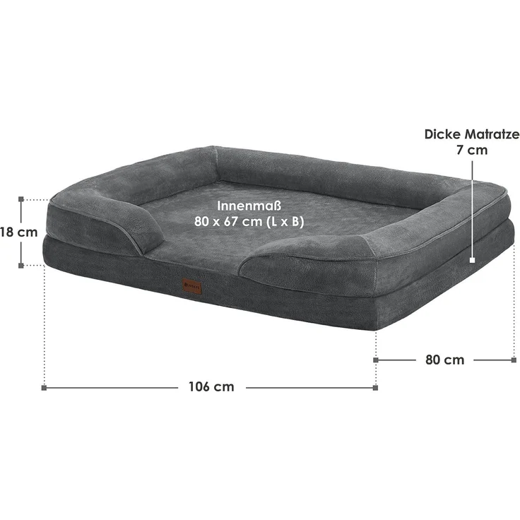 Juskys Hundebett Sheena XL orthopädisch, waschbar & rutschfest – 106 x 80 x 18 cm – Hundesofa flauschig große Hunde Grau – Haustierbett Hundesofa – Bild 6