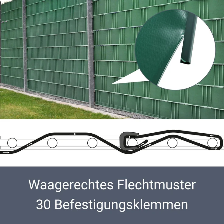 Juskys PVC Sichtschutzstreifen Doppelstabmatten Zaun - 35m x 19 cm - 30 Befestigungsclips - grün - Zaunfolie Sichtschutz Windschutz Garten Gartenzaun – Bild 4