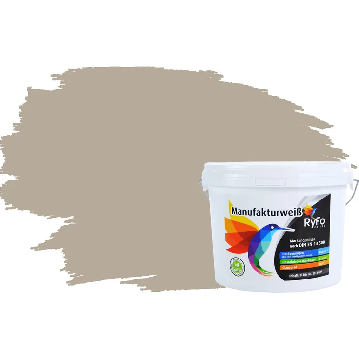 RyFo Colors Bunte Wandfarbe Manufakturweiß Kieselgrau 3l - weitere Grau Farbtöne und Größen erhältlich, Deckkraft Klasse 1, Nassabrieb Klasse 1
