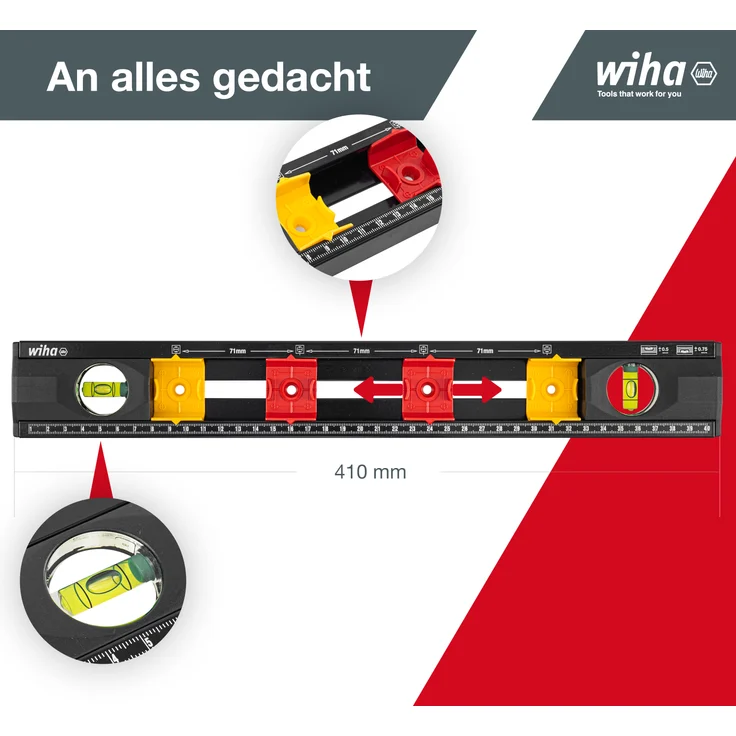 Wiha Wasserwaage Elektriker (42074) 40 cm für Profis, mit Markierungshilfe für Elektro Installationsarbeiten, Abstandmarkierung für Unterputzdosen und Hohlwanddosen, Elektroniker Bohrschablone für Steckdosen – Bild 15