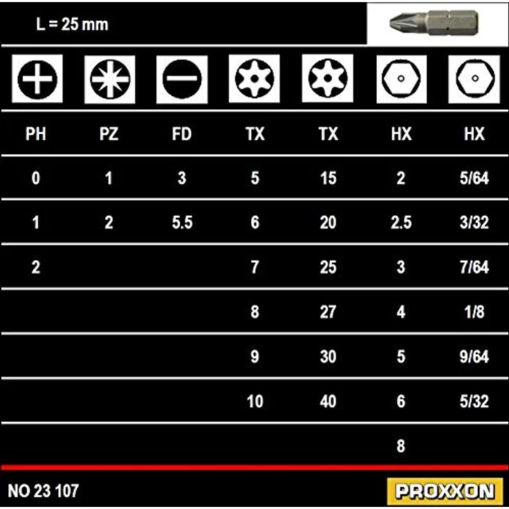 Proxxon Sicherheits- und Spezialbitsatz 1/4'' 75teilig Stahl Bit-Set Sicherheits- und Spezial-Bitsatz / Innensechskant-Bits / Klauenschlüssel-Bits / Kreuzschraubendreher-Bits / Schlitzschraubendreher-Bits in Stahlbox – Bild 4