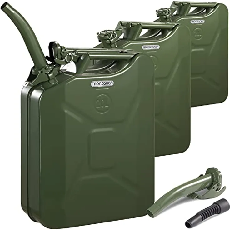 Monzana® Metallkanister 3er-Set inkl. Ausgießer Verlängerung 20 L Stahl 36x17x46cm UN-Zulassung Werkstatt Benzinkanister Metallkanister Oliv