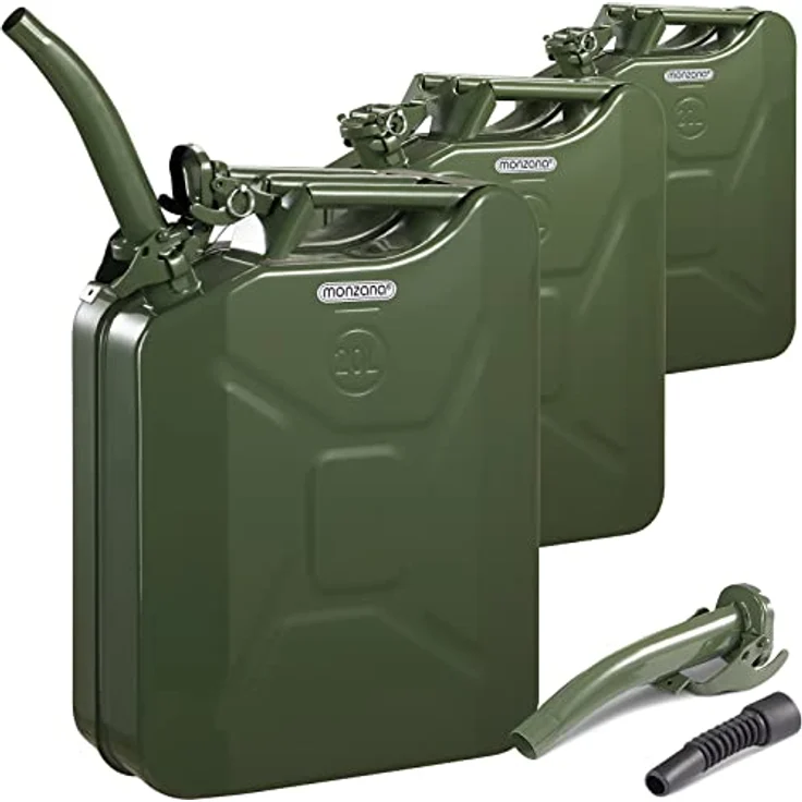 Monzana® Metallkanister 3er-Set inkl. Ausgießer Verlängerung 20 L Stahl 36x17x46cm UN-Zulassung Werkstatt Benzinkanister Metallkanister Oliv – Bild 1