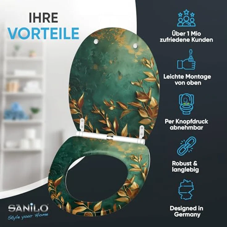 Sanilo WC Sitz Greego, mit Absenkautomatik und antibakterieller Beschichtung, hochwertiges Holz, 4-seitig bedruckt, verstellbare Scharniere – Bild 2