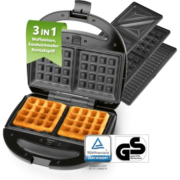 Westfalia Tischgrill Vario 3-in-1, Elektrogrill mit 800 W, Schwarz, 3 austauschbare Platten für Waffeln, Sandwiches und Grillgut – Bild 1