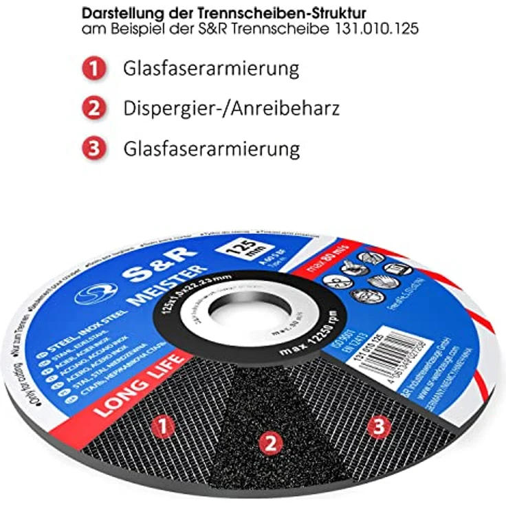 S&R Trennscheiben für Metall 125 x 2,0 x 22,23 mm, 25 tlg Set, Hochleistungs-Elektrokorund, 2-fach Fiberglas-Verstärkung, zertifizierte Profi Flexscheiben für Winkelschleifer – Bild 3