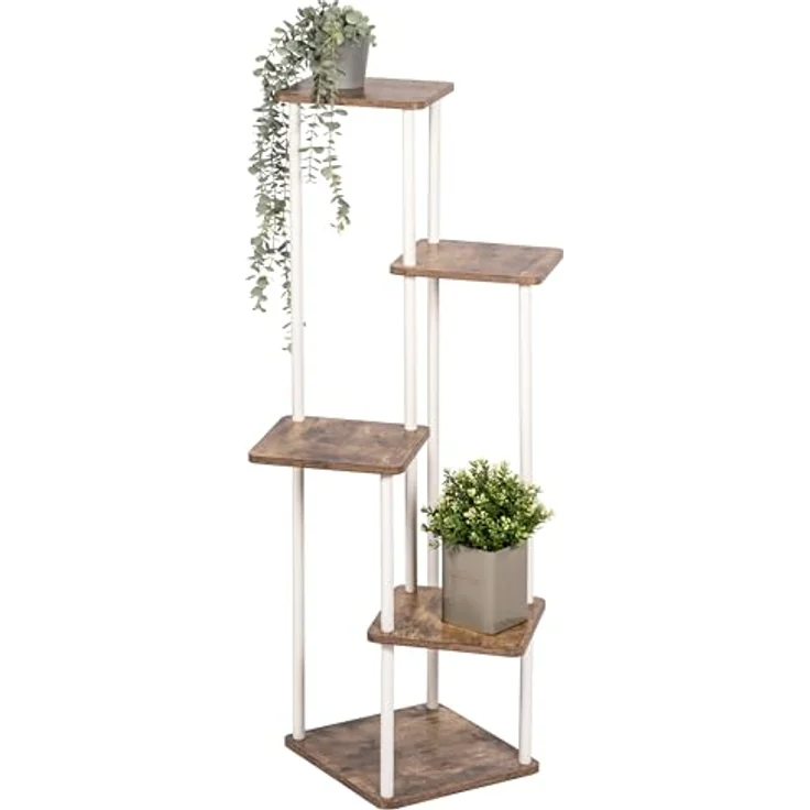 eluno Blumenständer, dekoratives Blumenregal aus FSC-zertifiziertem MDF-Holz und weißem Metall mit 5 Ablagen, max. 5 kg pro Platte, höhenverstellbar – Bild 1