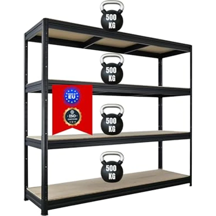 Proregal Schwerlastregal DINO, H 180 cm, B 200 cm, T 60 cm, Traglast 500 kg pro Boden, 4 verstellbare Böden, Schwarz – Bild 1