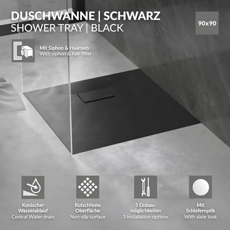LuxeBath Duschwanne 90x90 cm Schwarz mit rutschfester Oberfläche und flacher Ablaufgarnitur aus SMC, H:3 cm – Bild 2