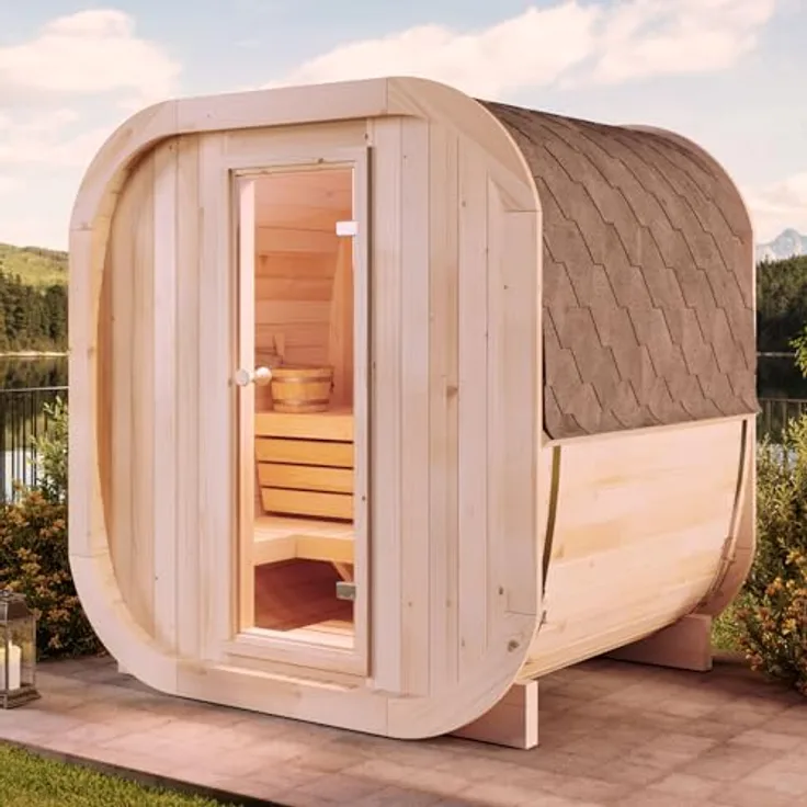 FinnTherm Fasssauna ScandiCube Mini XS, 42 mm, 42 mm Wandstärke, nordische Fichte, 6 kW empfohlene Saunaofenleistung
