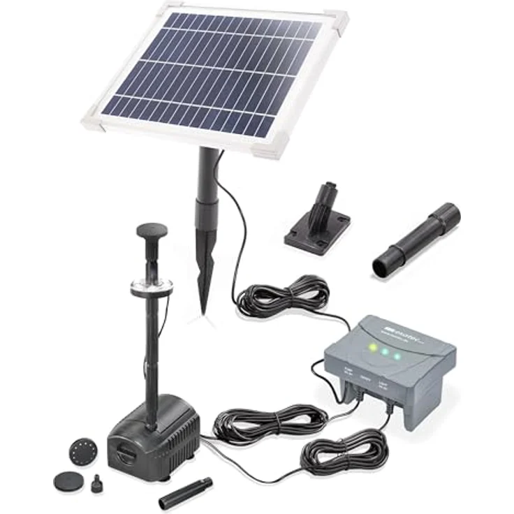 Esotec Solar LED Teichpumpe 6/230, Set mit LiFePo4 Akku, 6W Solarmodul, 230 l/h Förderleistung, 4 Sprinkleraufsätze, Wasser-Spiel für Gartenteich, IP68 – Bild 1