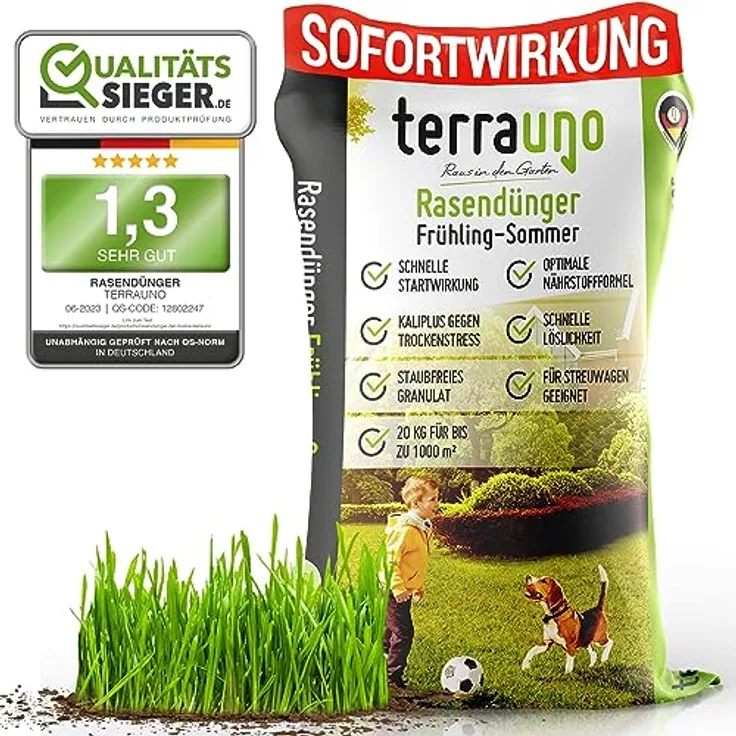 TerraUno - Rasendünger Frühjahr/Sommer I Langzeitdünger Rasen für 100 Tage I 20 kg für 1000 m² I Optimale Nährstoffe zum Vorbeugen von Trockenstress I NPK Dünger Rasen I Streuwagen geeignet